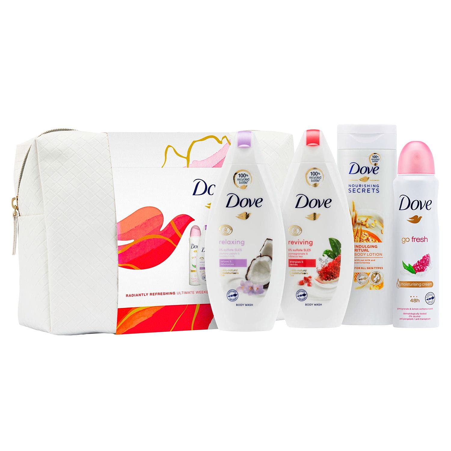 Dove Radiantly Refreshing Ultimate Beauty Bag Bath&Body 4pcs Gift Set For Her - Bodywash Pomegranate 225ml, Bodywash Coconut 225ml, Oatmilk Lotion 250ml & Pomegranate APA 150ml with Large Washbag Regular