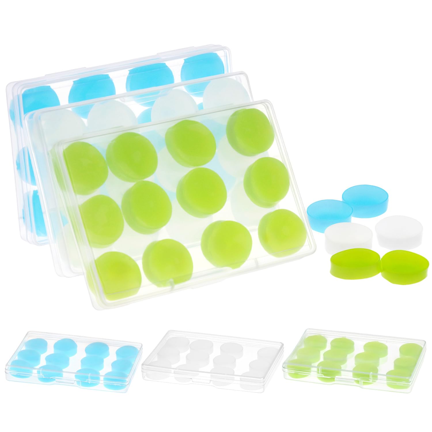 QWORK® 36 Pairs Moldable Silicone Ear Plugs, Soft Reusable Noise Reducing Earplugs for Sleeping, Swimming, Travel, Study, Office and Concerts, with 6 Storage Cases, Blue/Green/White