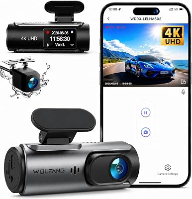 4K Dashcam Voiture Avant Arrière, Wi-FI Caméra Voiture, Grand Angle 170°, G-Capteur, Mode Stationnement 24H, Vision Nocturne, Enregistrement en Boucle