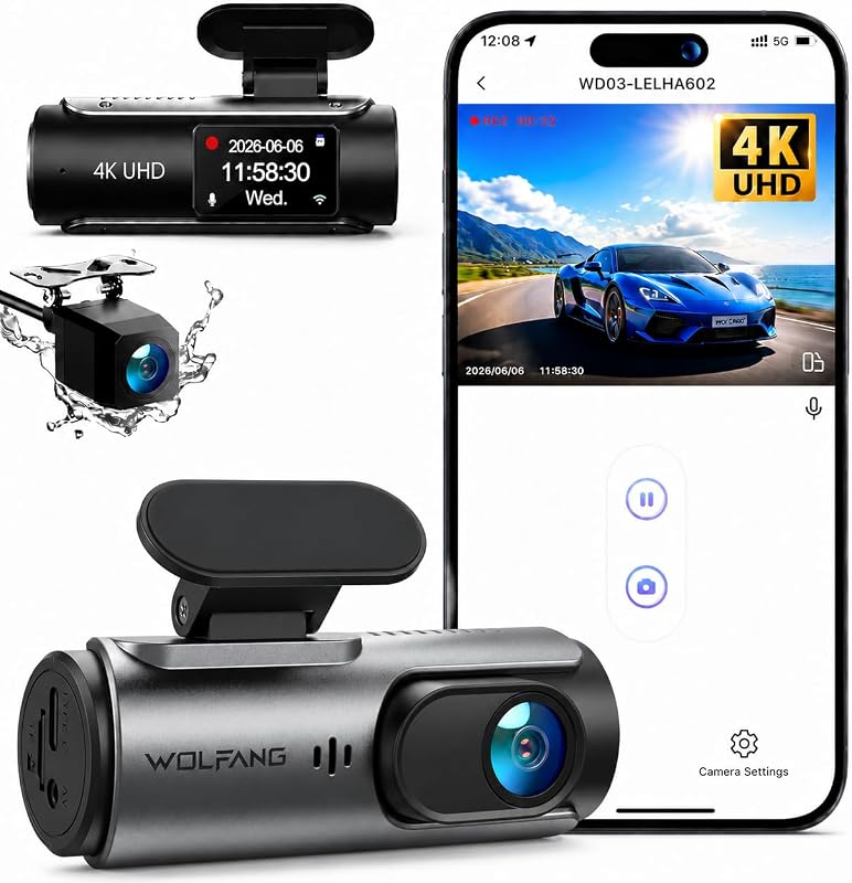 4K Dashcam Voiture Avant Arrière, Wi-FI Caméra Voiture, Grand Angle 170°, G-Capteur, Mode Stationnement 24H, Vision Nocturne, Enregistrement en Boucle