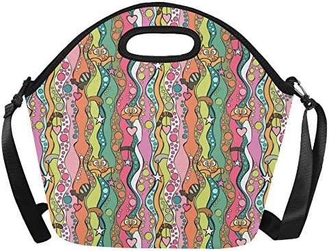 Cats Stars Hearts Reusable Insulated Neoprene Lunch Tote Bag Cooler 11.8" x 11.8" x 6", Waves and Circles Portable Lunchbox Handbag for Men Women Adult Kids