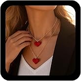 Andelaisi Boho Layered Velvet Heart Necklace Red Velvet Heart Choker Necklace Vintage Puffy Heart Pendant Necklace Red Heart Chain Necklace Jewelry for Women