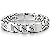 COOLSTEELANDBEYOND Men’s Steel Bracelet with Curb Chain Centerpiece and Woven Franco Link Strap, Heavy Duty Biker Style