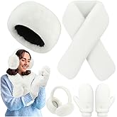 Chicingyou Women's 4 in 1 Winter Warm Set Include Plush Faux Fur Headband, Scarf, Foldable Earmuffs and Mittens for Outdoor Skiing, Hiking, Camping