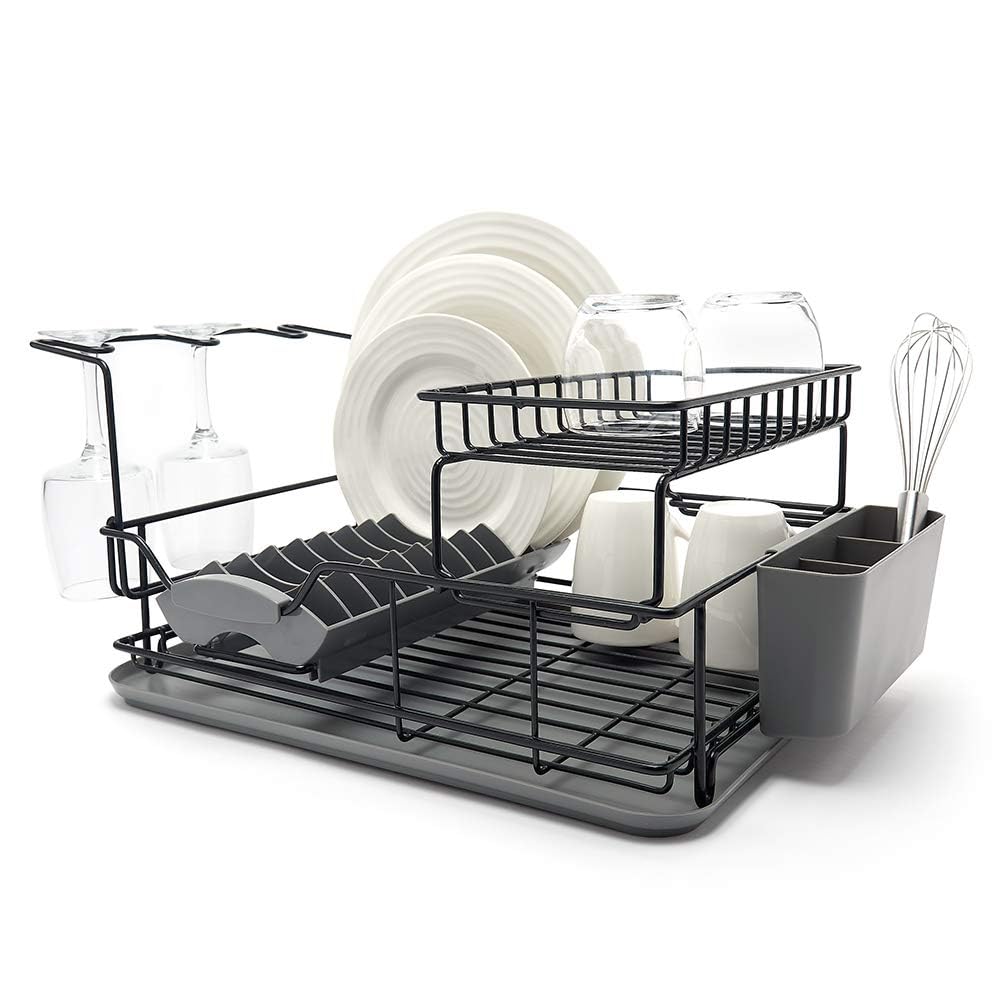 simplywire – Two Tier Dish Drainer – Removable Over Sink Plate Drying Rack, Wine Glass Holder & Cutlery Basket - Black Plastic Coated Steel