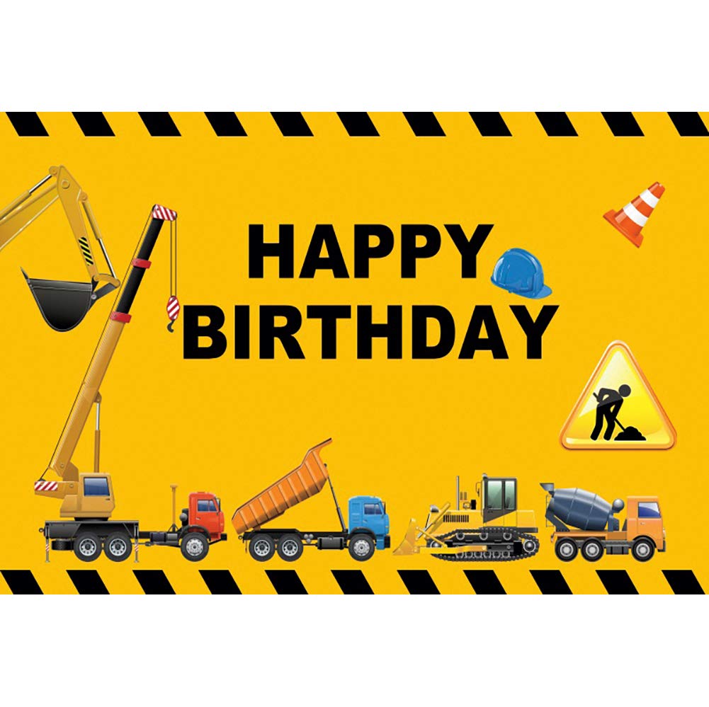 Renaiss 7x5ft Construction Theme Birthday Party Backdrop Dump Truck Digger Crane Photography Background for Boy Kids 1st Party Decorations Cake Table Banner Supplies Vinyl Studio Booth Props