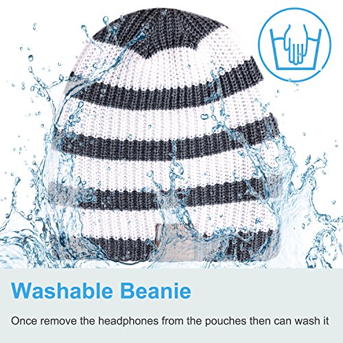 Rotibox Washable Winter Mens Womens Hat Strip Bluetooth Beanie Running Cap w/ Wireless Headphones Mic Hands Free Rechargeable Battery for Cell Phones, iPhone, iPad, Android, Laptops, Tablets - White