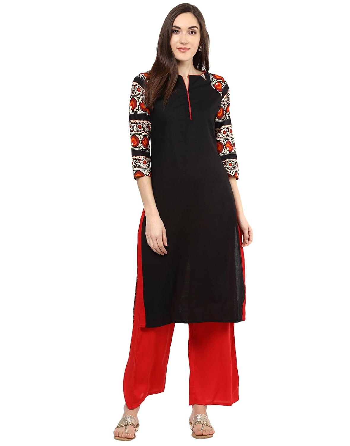 jaipur kurti black solid kurta with red palazzo set