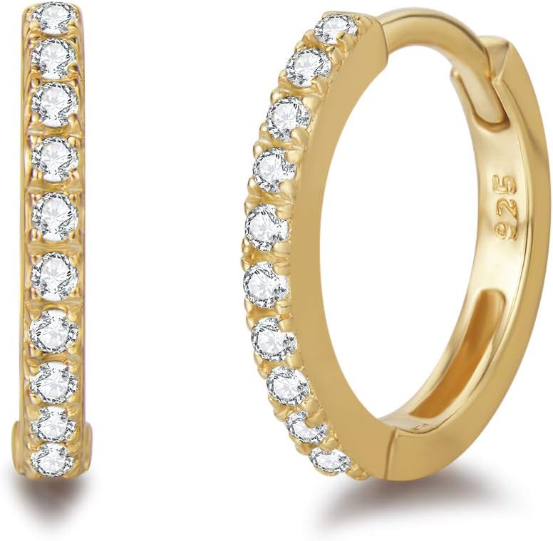Carleen 14K Gold Plated 925 Sterling Silver Hoop Earrings Round Cut Cubic Zirconia CZ Simulated Diamond Small/Tiny/Mini/Slim Hinged Cartilage Hoop Earrings Fine Jewelry Birthday Gifts for Women Girls, 13mm