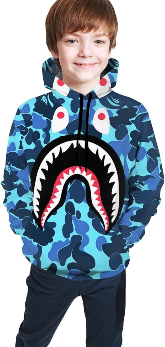 Unisex 3D Print Ba-pe Shark Mouth Teeth Hooded with Pocket Sweatshirt for Boys/Girls/Teen/Kid