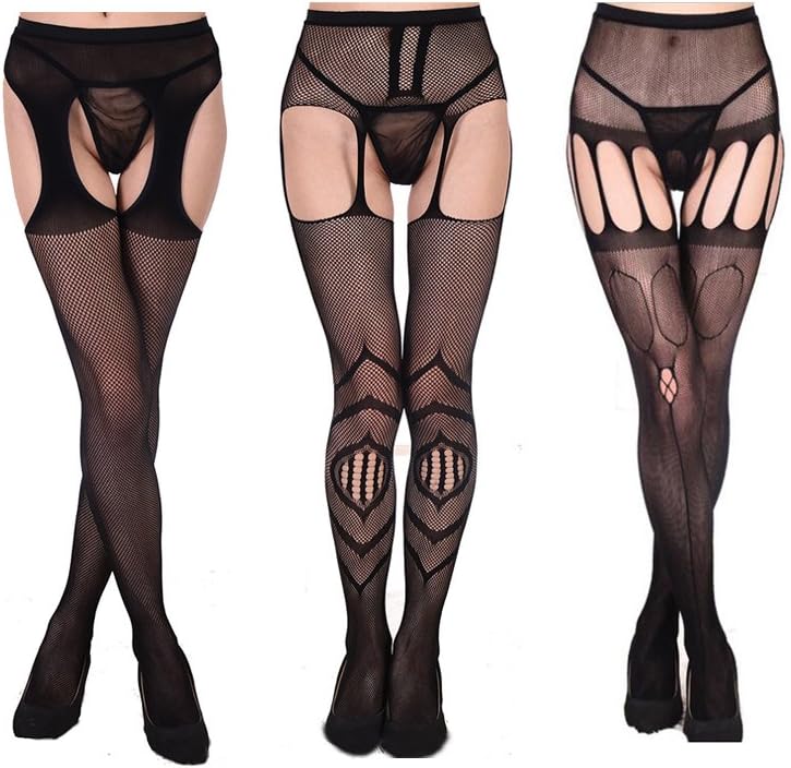Aschic Women’s Sexy Lace Garter Pantyhose Black Silk Stockings Suspender Tights (3Pack)(one size, Style3)