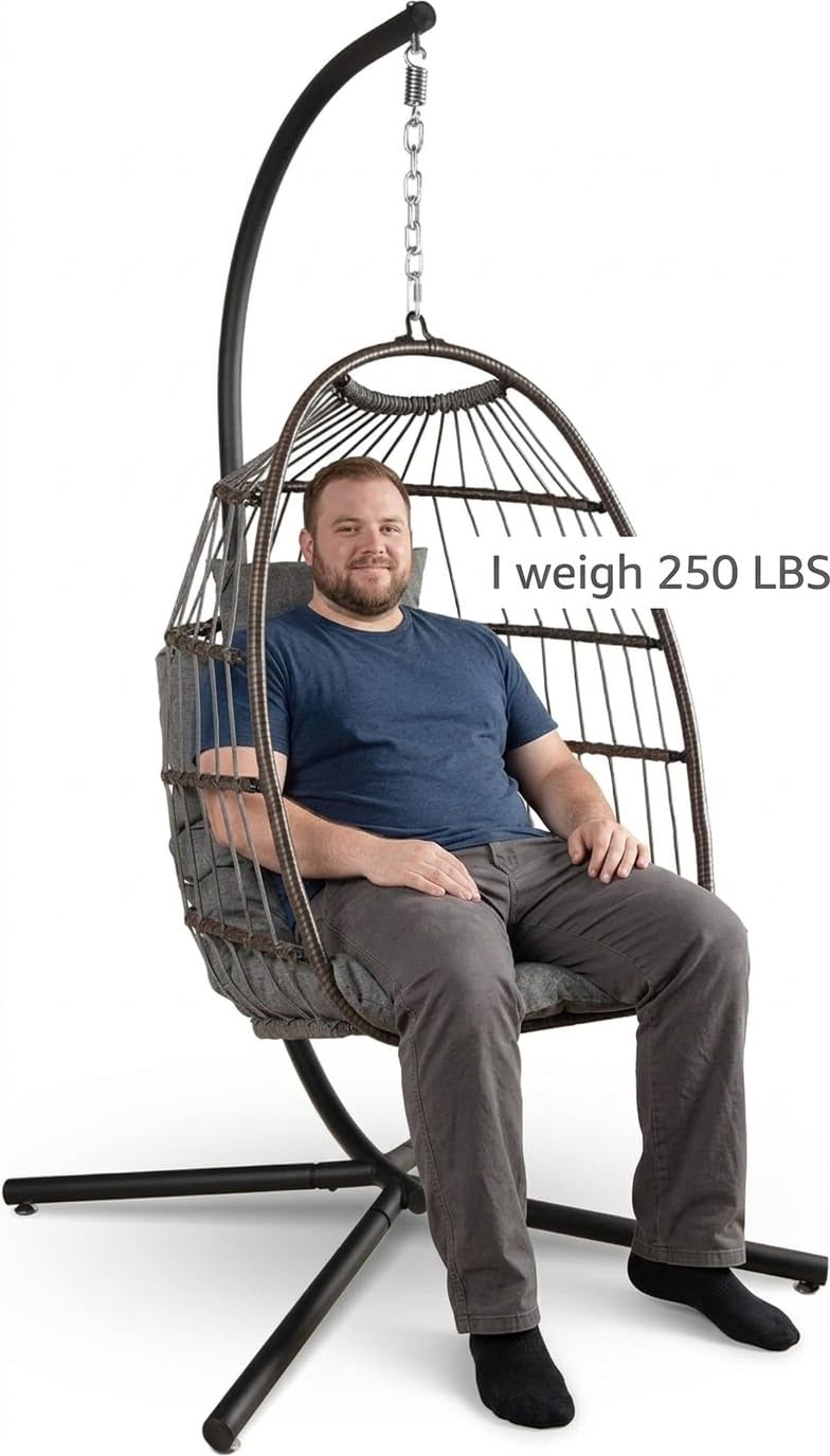 SereneLife Egg Chair with Stand – Hanging Rattan Wicker Swing for Indoor Outdoor Use – 350 lbs Capacity, Breathable Cushion & Headrest – Patio, Balcony, Porch, Bedroom Lounge Furniture Image