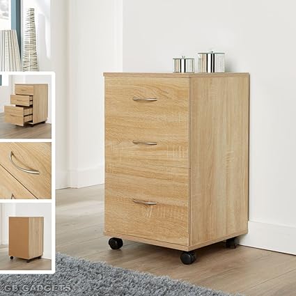 Oak Mobile 3 Drawers Pedestal Cabinet Silver Handles Furniture