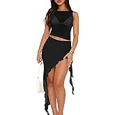 Mokoru Women's Summer 2 Piece Skirt Sets Sexy Mesh Sleeveless Tank Top High Slit Ruffle Bodycon Midi Club Dresses Outfits