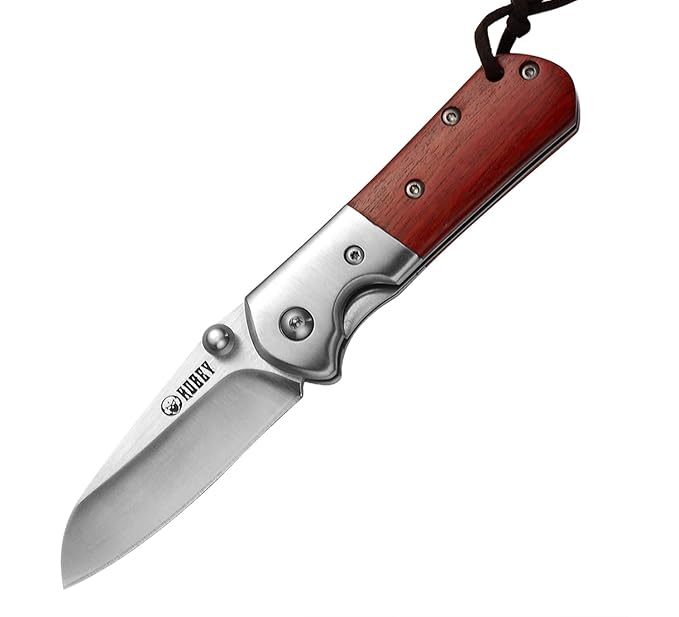 KUBEY Folding Knife, Small Pocket Knife with Wooden Handle, EDC Compact