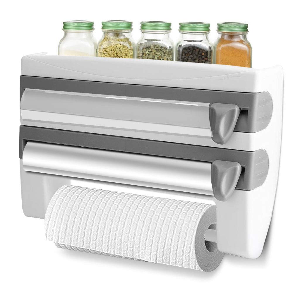 Foil and Cling Film Dispenser, Wall Roll Holder, Convenient Practical and Safe, Paper Roll Holder with Sharp Blades & Storage Rack, for Kitchen Bathroom 15.35 x 3.94 x 9.45 inch