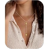 Ursteel Dainty Lariat Necklace for Women, 14K Gold Plated Y-Shaped Long Necklace Layered Drop Necklaces Pearl Cross Clover Cubic Zirconia Charm Necklaces Jewelry Gifts for Women