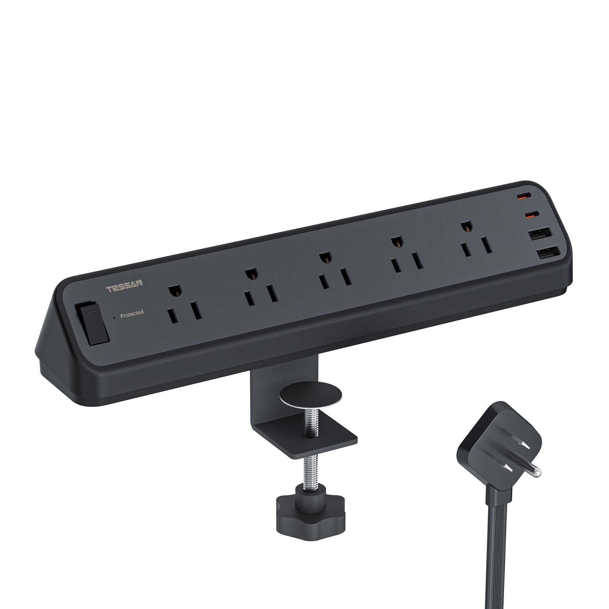 Photo 1 of Desk Clamp Power Strip Black, TESSAN 6 Ft Flat Plug Extension Cord with Multiple Outlets, 5 Outlets with 4 USB (2 USB C), 2100J Surge Protector Power Strip, Office Home Dorm Gaming Room Essentials