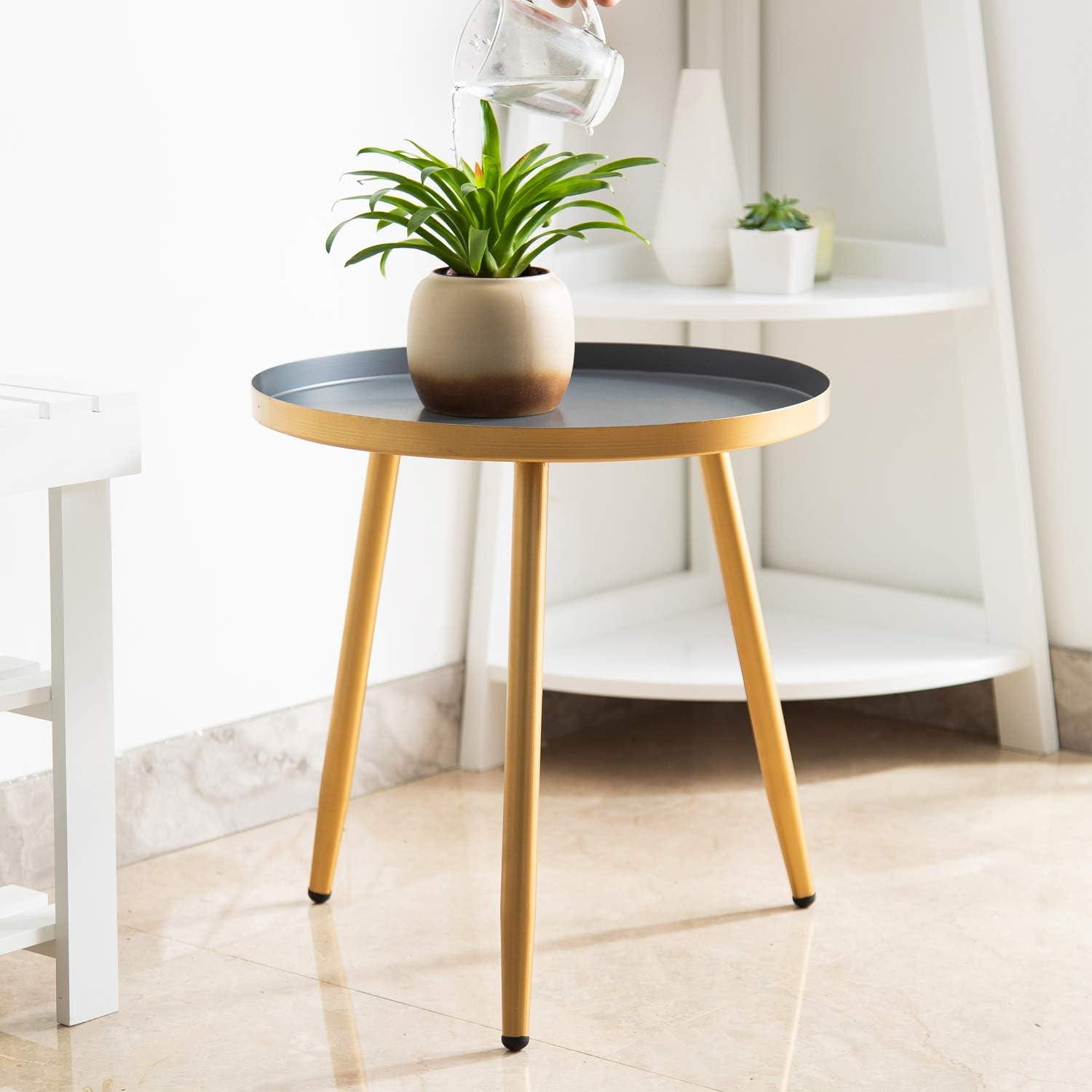 Round Side Table, Metal End Table, Nightstand/Small Tables for Living Room, Accent Tables, Side Table for Small Spaces,Gold & Gray by Aojezor: Kitchen & Dining
