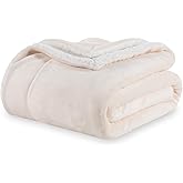 Berkshire Blanket-Sherpa Fleece Blanket, Warm and Soft Loftmink Reversible Blanket for Bed, Sofa and Travel, Cream, 90 in x 90 in