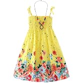 Flenwgo Girls Bohemian Dresses Floral Sleeveless Rainbow Beach Sundress with Necklace 2-12T