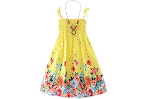 Flenwgo Girls Bohemian Dresses Floral Sleeveless Rainbow Beach Sundress with Necklace 2-12T