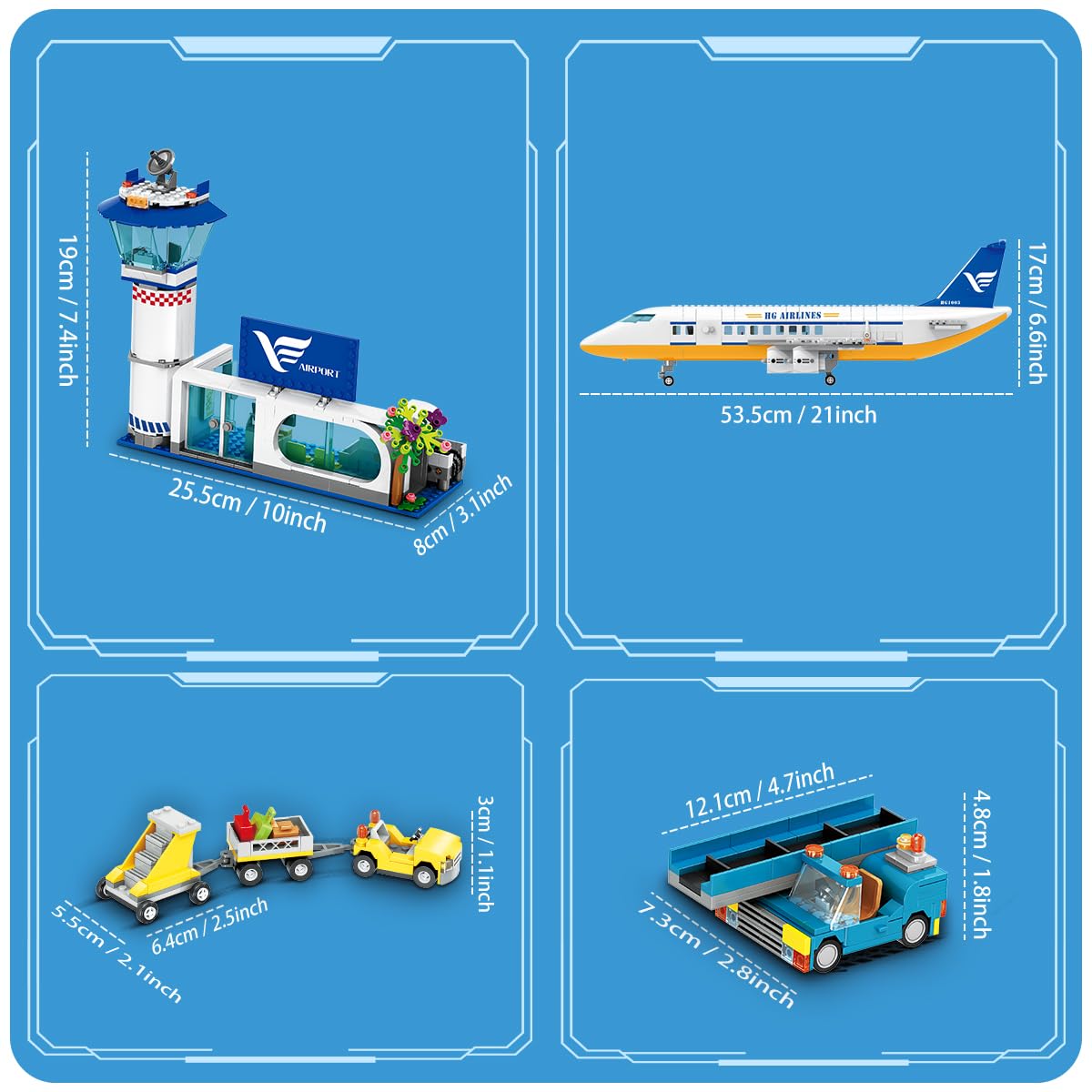 HOGOKIDS Passagierflugzeug Bauspielzeug Set mit LED Licht, 901 PCS Flugzeug Bausteine Spielzeug mit Terminal, Radarturm, Anhänger, Flugzeug-Modell Geschenke für Jungen Mädchen ab 6 7 8 9 10 Jahre 9