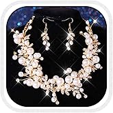 Unicra Gold Bridal Wedding Jewelry Set Pearl Necklace Earrings Sets Rhinestone Formal Prom Costume Jewelry Sets for Women and Brides