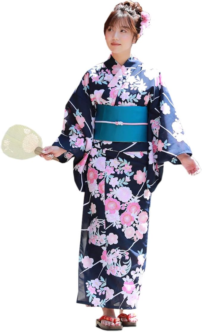 Amazon 浴衣 レディース セット 作り帯 紺地にピンク 紫の花輪 ときめき夏恋浴衣作り帯3点セット 浴衣 作り帯 下駄 浴衣 通販