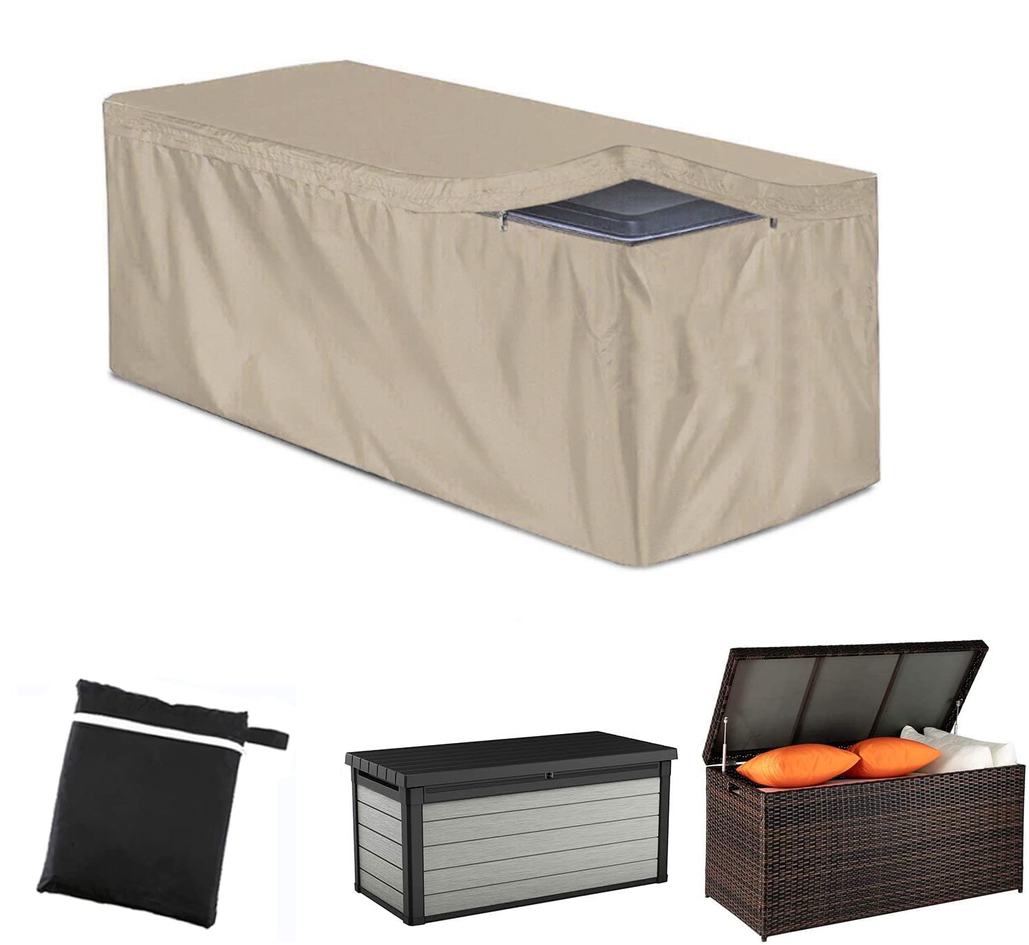 UCARE Outdoor Deck Box Cover with Zipper - Waterproof Garden Storage Box - 420D Oxford Patio Furniture Cover - Anti-UV Protective Rectangle (Beige, 158x81x71cm/62x32x28in)