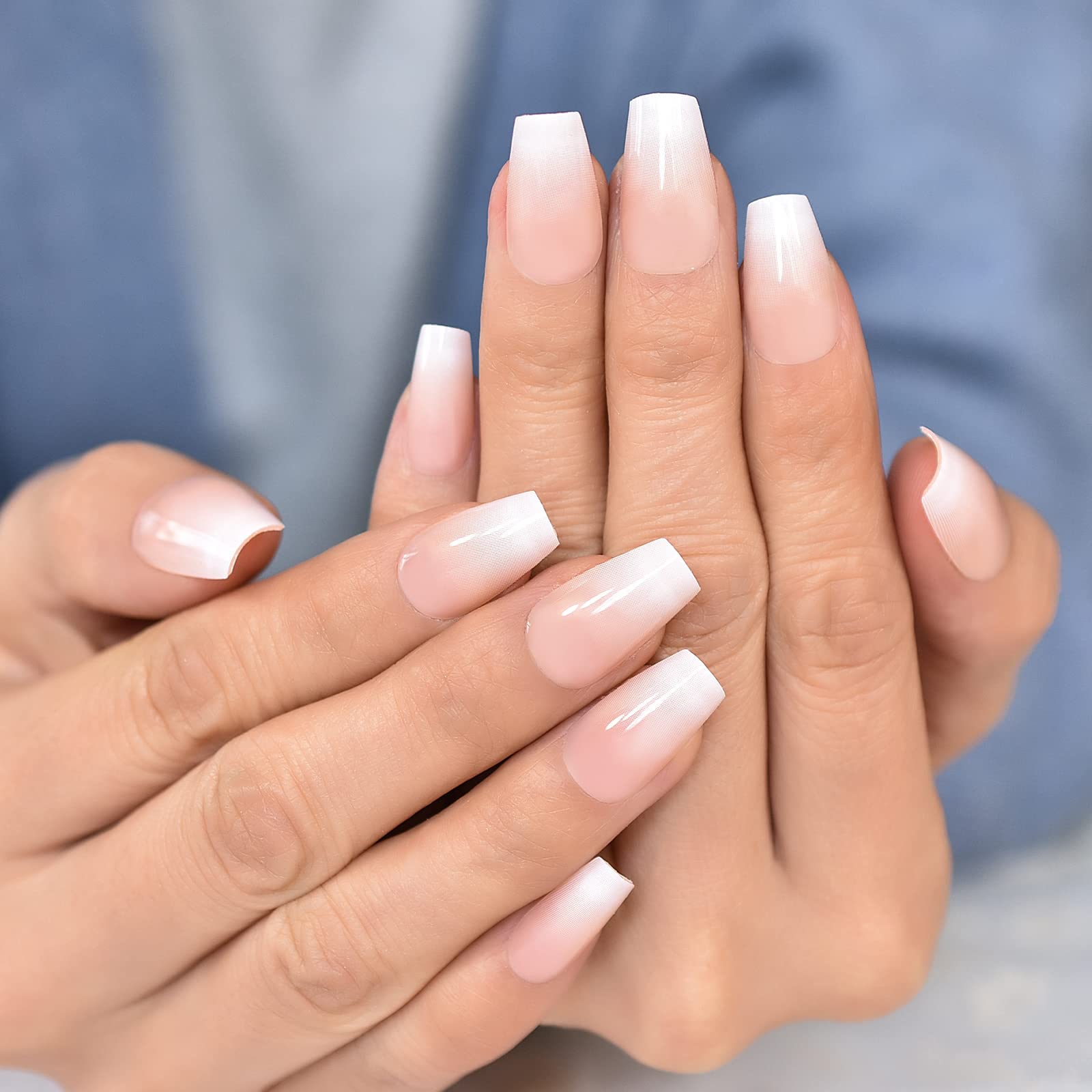 EchiQ Cherry Blossom Pink Gradient Press On Nail Wearable Artificial Acrylic Full Cover Coffin Glossy Nature Fake Nails Reusable Medium Short False Nail Art Tips for Women Girls Gift 24pcs/Set - Image 5