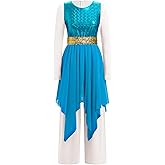 AFAVOM Praise Dance Dress for Women Metallic Asymmetric Overlay + Jumpsuit Pants + Belt Worship Liturgical Dancewear Costume