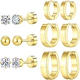 Silver Gold Plated Surgical Steel Flat Back Earrings for Women Hypoallergenic 14K Gold Plated Stud Huggie Earring Set Fashion Shell Cubic Zirconia Flatback Studs Cartilage Earrings Pack for Multiple Piercing 5/8Pairs