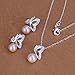 Hot Sale Wedding Fashion 925 Silver Plated Jewelry Set Stud Earings Eardrop Necklace Pink Pearl Butterfly