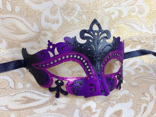 Venetian Impression Purple and Black Swan Laser Cut Masquerade Mask - Vibrantly Decorated with Glitter
