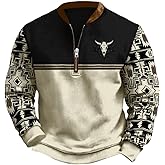 HOTYD Aztec Cowboy Jacket Men Vintage Bullhorn Printed Oversized Western Sweatshirt Long Sleeve Quarter Zip Pullover