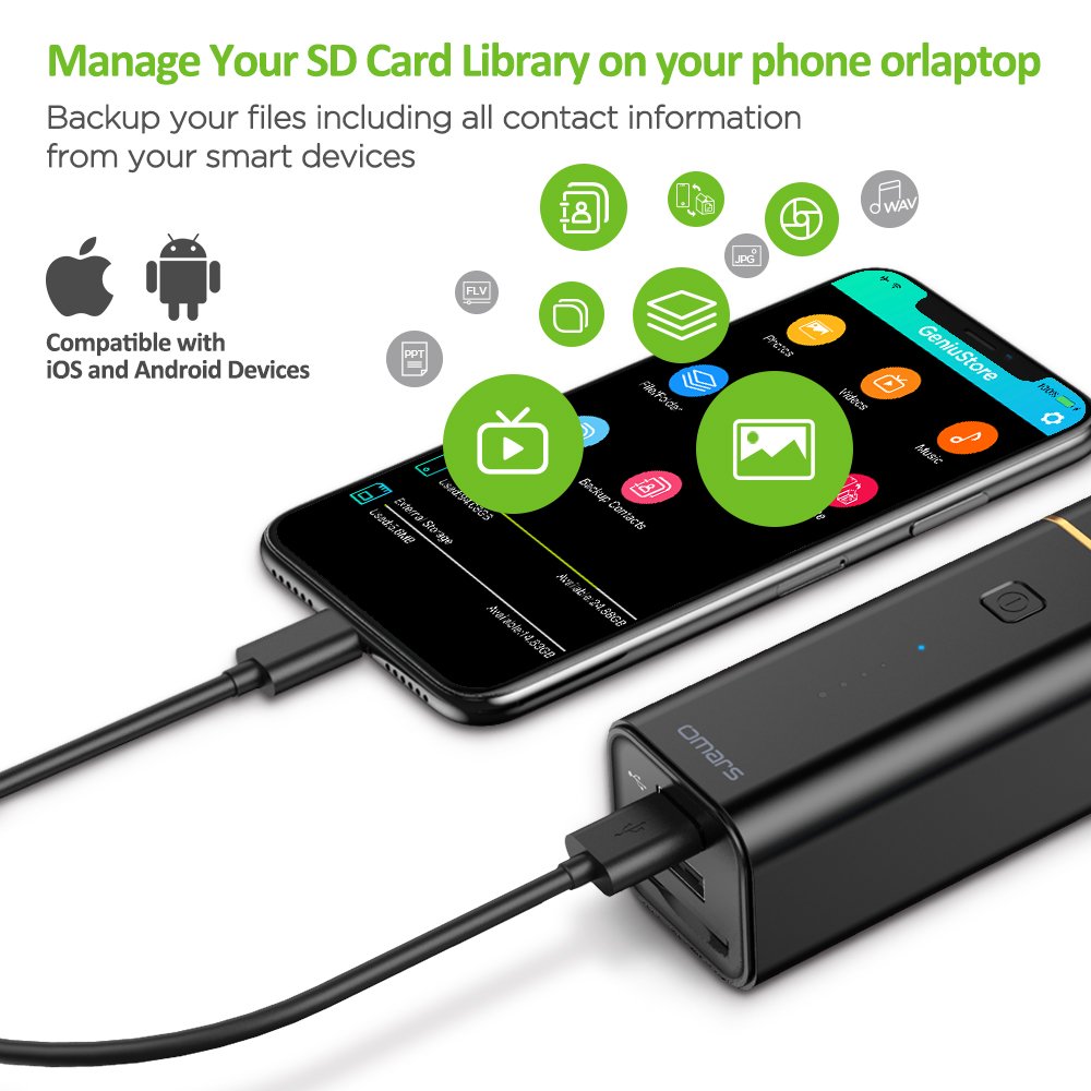 OMARS 6500mAh Power Bank with SD Card Reader, Detachable USB Power Adapter/Charger and US to UK Adapter, Data Transfer/Backup up to 8 MB/s for Android, iOS devices