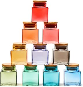 EZOWare 10 Bottles Colorful Glass Jar Set, Small Air Tight Decorative Canister Storage Containers with Natural Bamboo Lids for Kitchen Spices, Bathroom, Decor, Party Favors (100ml)