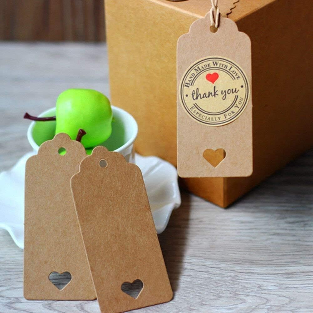 Kraft Paper Gift Tags - 50PCS Brown Heart Wedding Favour Name Tags with Jute Twine String, Brown Tag-50Pcs, 9cm*4cm - Image 5
