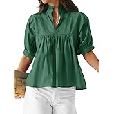 Cicy Bell Womens Puff Sleeve V Neck Blouse Babydoll Peplum Tops Dressy Casual Pleated Loose Fit Shirts