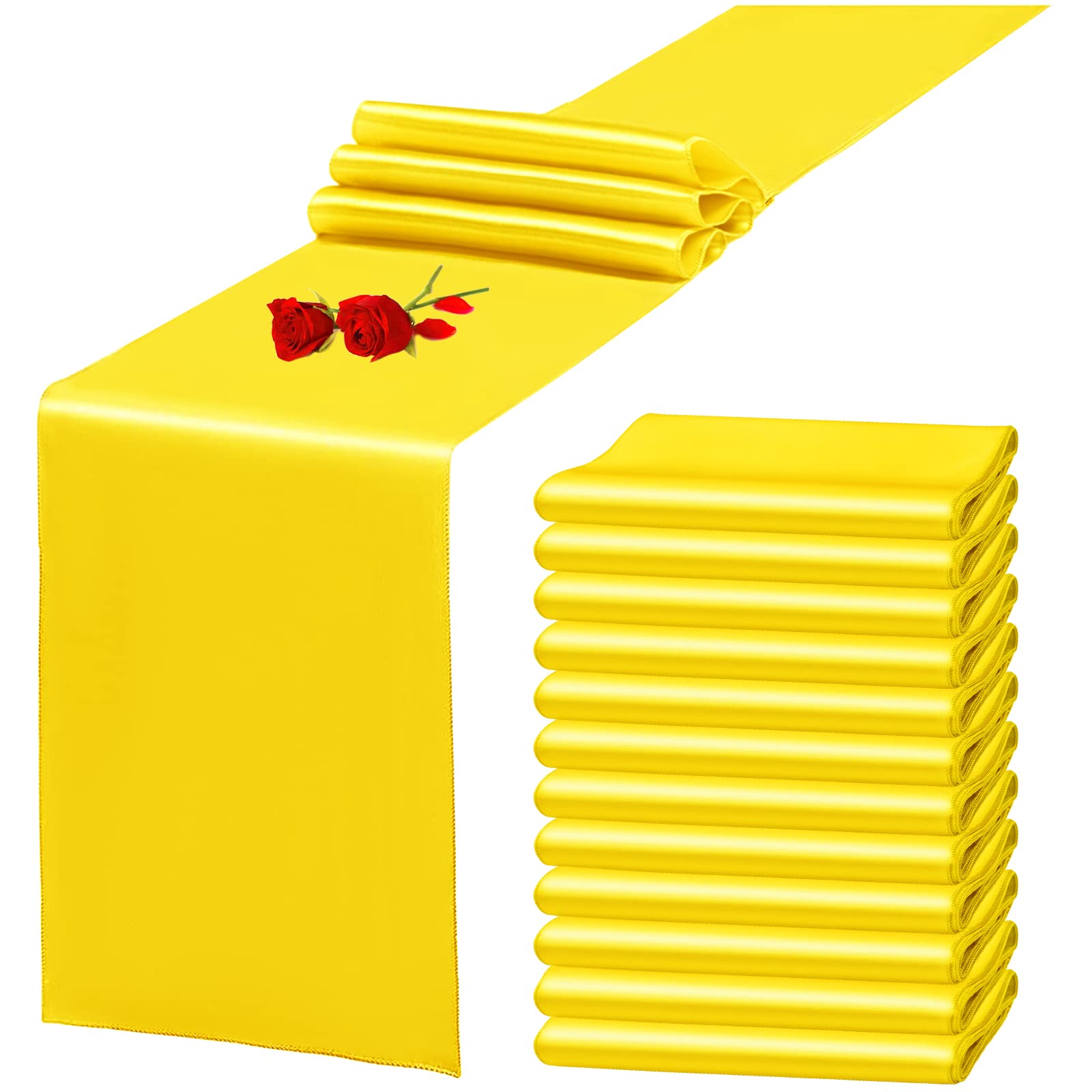 Photo 1 of 12 Pack Yellow Satin Table Runner 12 x 108 Inch Long Premium Table Runners for Wedding Party Events Decoration, Birthday Parties, Banquets Decorations, Graduations, Engagements