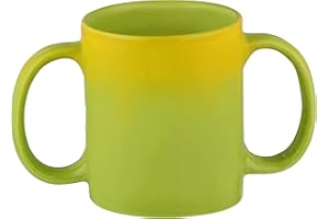 HEALTHGOODSIN Dual Handle Mug (Double Grip Mug) made of Ceramic to Aid Tremors, 11.83 US Fl. Oz. (350mL) (Yellow & Green)