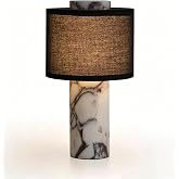 Ytyhmz Marble Luxury Stone Rechargeable Touch Table Lamp, Cylindrical Shape, Linen Cloth Fiber Lampshade, High-End and Light Luxury, Bedroom Bedside Table Night Light（Black, White）