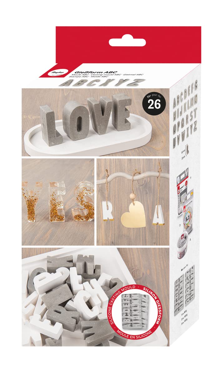Rayher Silicone Casting Mould with 26 Letters, Alphabet Moulds for Resin, Concrete, or Plaster of Paris, Casting Trays with Upper Case Letters A-Z, grey, 36130000