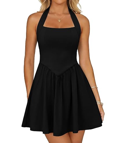 black halter skater dress clear wind Women's Neck Fit and Flare Mini Party S at Amazon Women's Clothing store Midi dress