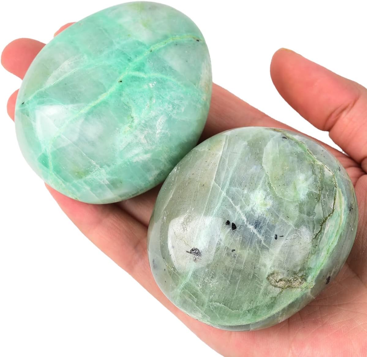 Indoor Fountains & Accessories - JIC Gem 2 Pcs Polished Green Moonstone Palm Stones Pocket Worry Stones Crystal Healing Irregular Gemstone Chakra Reiki 2.5 Inch