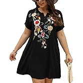 Higustar Plus Size Embroidered Dress for Women Mexican Peasant Boho Floral Tradition Fiesta Bohemian Summer Hippie Dresses