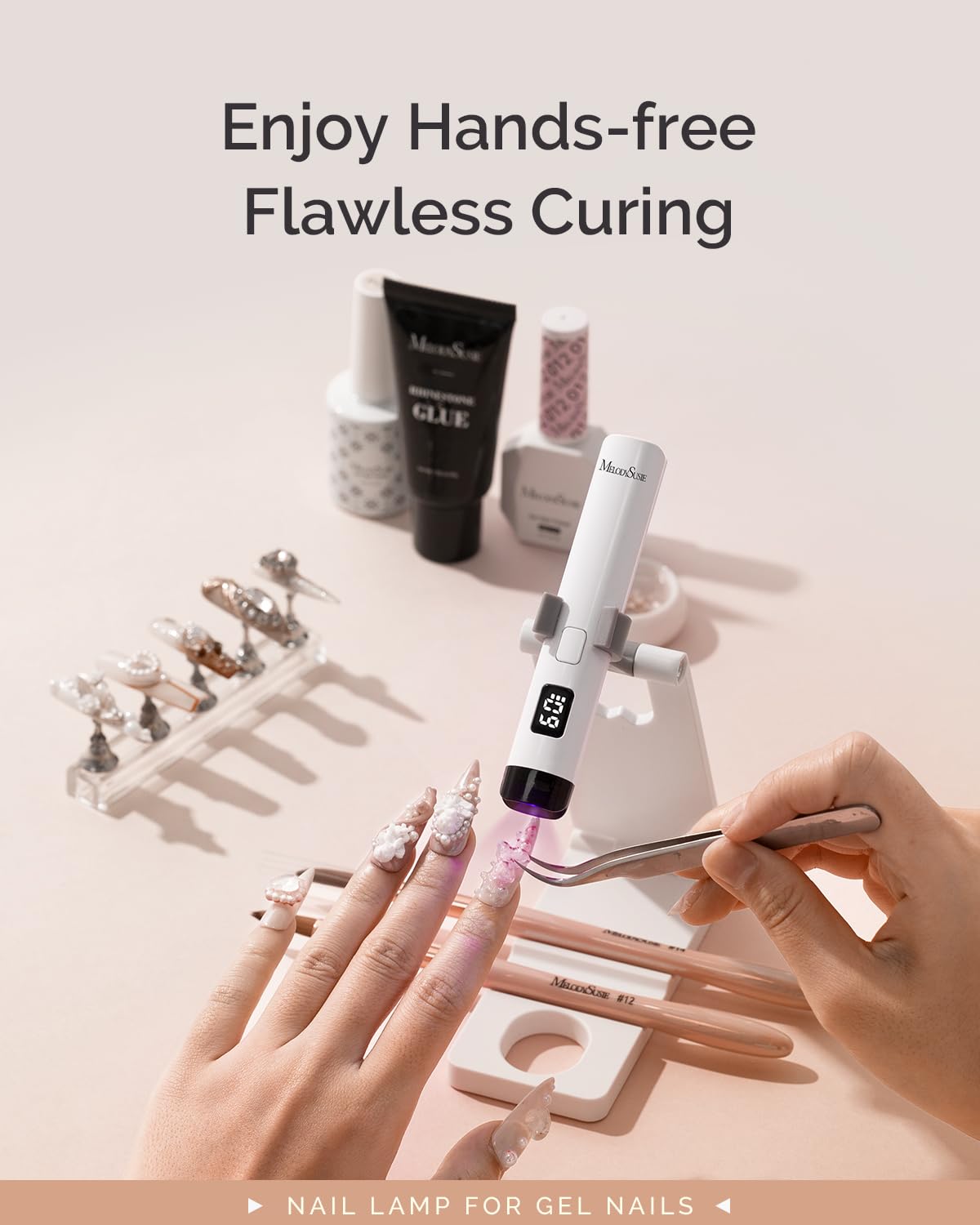 MelodySusie Handheld UV Light for Gel Nails with Stand, Mini Portable Cordless Nail Lamp with LCD Display, Eye-Protective Cover, Flash Curing for Glue, White