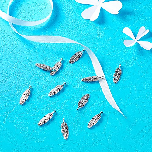 Craftdady 20Pcs Tibetan Style Antique Silver Feather Charms Pendants Necklace Bracelet Jewelry Making Findings Lead Free & Cadmium Free & Nickel Free 30x9x2mm