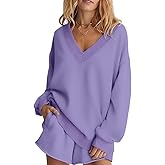 Ovanviso Womens Fleece Lined V Neck Sweatshirts Oversized Pullover Trendy Fashion Sweater Loose Fit Tops